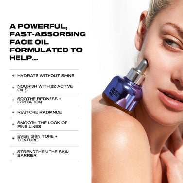 Facial oil dropper with a woman applying it to her face, featuring product benefits on a white background.