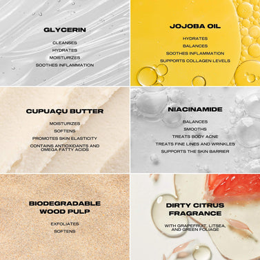 Collage of skincare ingredients with their benefits and descriptions.