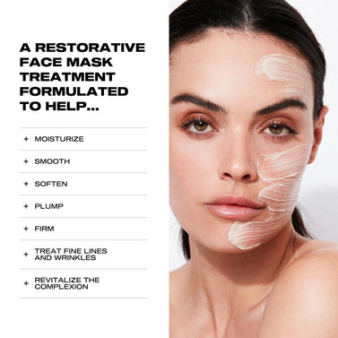 Woman with a restorative face mask treatment applied to her face, with text listing benefits.