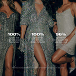 Three women in glamorous outfits with text on skin moisturization and hydration.