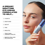 infographic with model holding bottle of eye cream and text showing benefits of the product