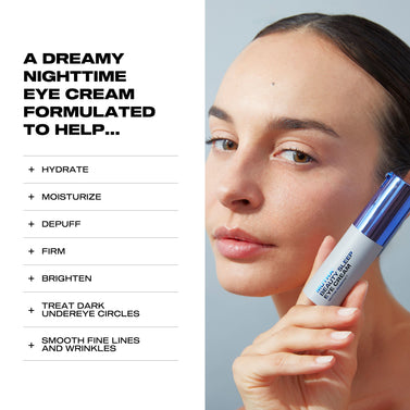 infographic with model holding bottle of eye cream and text showing benefits of the product
