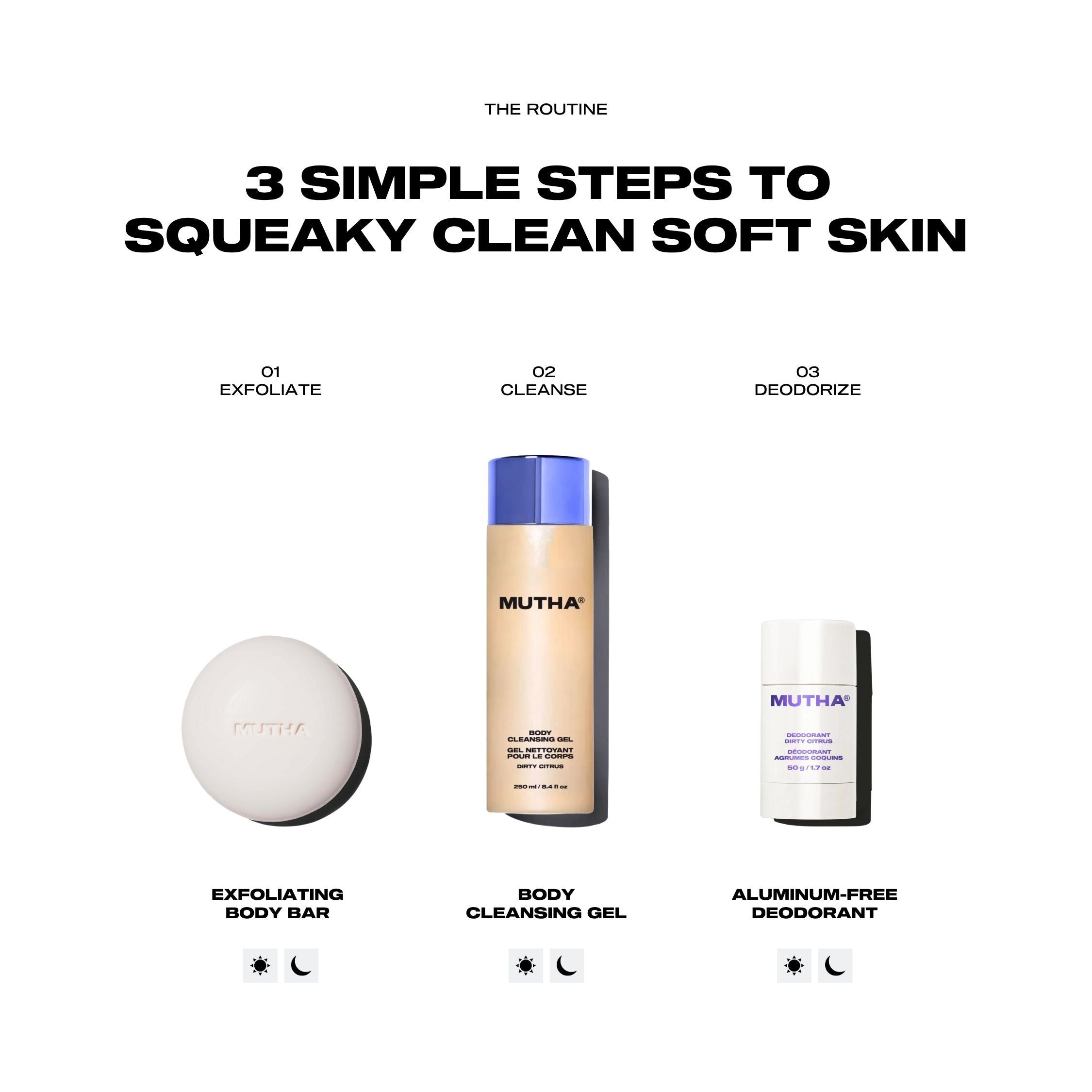 Three skincare products with labels and text on a white background
