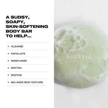 MUTHA body bar with foam and text listing benefits on a white background