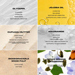 Educational grid detailing MUTHA Exfoliating Body Bar ingredients: Glycerin, Jojoba Oil, Cupuacu Butter, Niacinamide, and Wood Pulp.